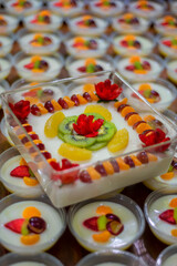 Delicious and fresh fruit puddings on the table