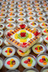 Delicious and fresh fruit puddings on the table