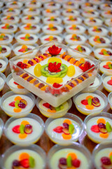 Delicious and fresh fruit puddings on the table
