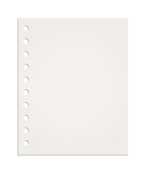 Realistic sheet of paper from a notebook, blank paper ripped from a block with holes vector