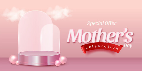 Realistic banner promotion with podium for product space in mother's day celebration