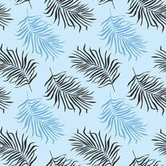 Seamless background with exotic palm leave doodles on bright blue background. Luxury pattern for creating textiles, wallpaper, paper, scrapbook. Vintage. Romantic floral Illustration