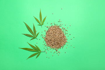 Heap of hemp seeds on color background