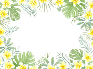 夏の葉とプルメリアのフレーム　水彩イラスト　アナログ手描き