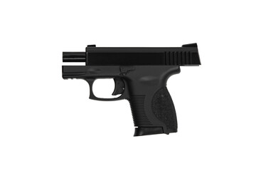 Modern small semi-automatic pistol. A short-barreled weapon for self-defense. Isolate on a white back.