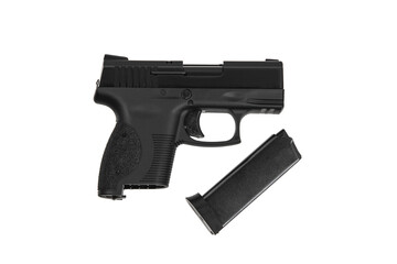 Modern small semi-automatic pistol. A short-barreled weapon for self-defense. Isolate on a white back.