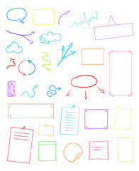 Colored infographic elements on isolated white background. Hand drawn simple arrows. Line art. Set of different pointers. Abstract indicators
