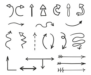 Colored infographic elements on isolated white background. Hand drawn simple arrows. Line art. Set of different pointers. Abstract indicators