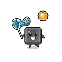 keyboard button mascot illustration is catching butterfly