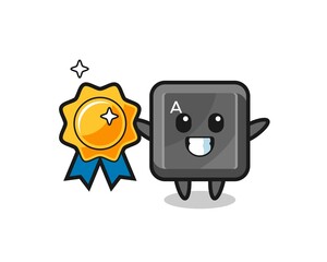 keyboard button mascot illustration holding a golden badge
