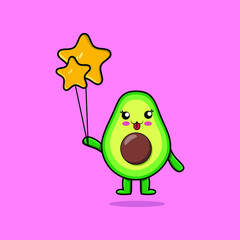 Cute cartoon avocado floating with star balloon cartoon vector illustration  