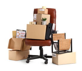 Fototapeta premium Cardboard boxes with stuff and office chair on white background