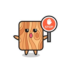 plank wood character illustration holding a stop sign