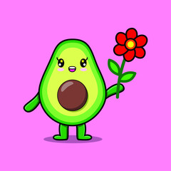 Cute cartoon avocado character holding red flower in concept 3d cartoon style