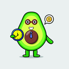 Cute cartoon avocado character holding clock with happy expression in concept 3d cartoon style