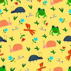 Cheerful children's pattern dragonfly, frog, snail, bug, mosquito. Funny insects. vector illustration
