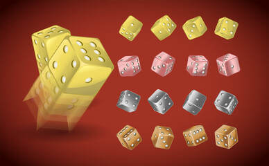 2D Dice With Metallic Textures. Gold, Silver And Copper Dice On A Red Background