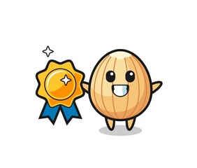 almond mascot illustration holding a golden badge