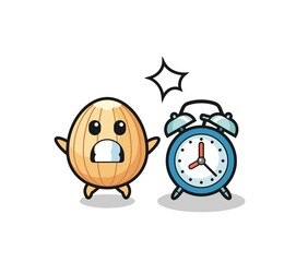 Cartoon Illustration of almond is surprised with a giant alarm clock