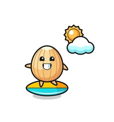 Illustration of almond cartoon do surfing on the beach