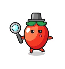 chili pepper cartoon character searching with a magnifying glass