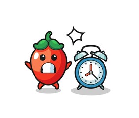 Cartoon Illustration of chili pepper is surprised with a giant alarm clock