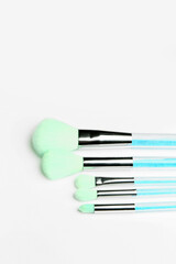 Beautiful makeup brushes on white background