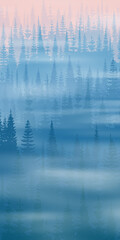 Coniferous forest in the morning fog, vertical banner