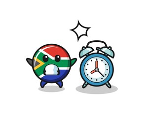 Cartoon Illustration of south africa is surprised with a giant alarm clock