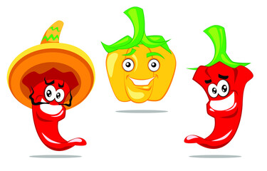 Cartoon character pepper set, isolated vector