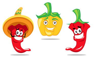 Cartoon character pepper set, isolated vector