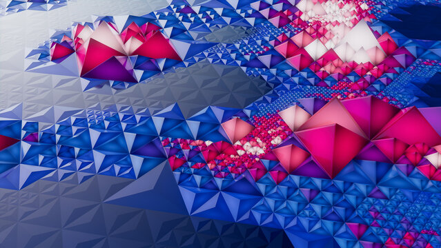 Neon Futuristic Surface with Triangular Pyramids. Illuminated, Blue and Pink Three-Dimensional 3d Banner.