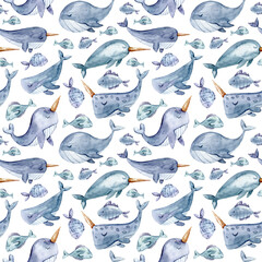 Watercolor nautical seamless childish pattern with cute whales, narwhals, fish. Funny kids illustrations for fabric, wrapping, textile design, wallpaper, apparel.