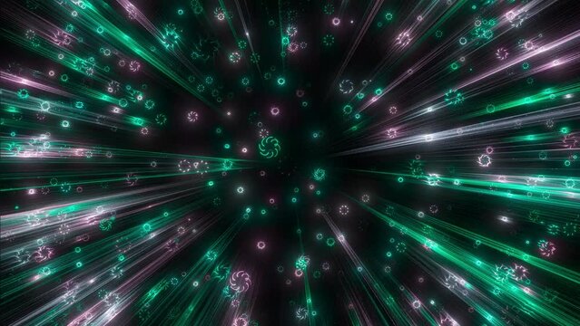 Animated video of abstract random glowing objects appear,  move towards viewer then fade to black