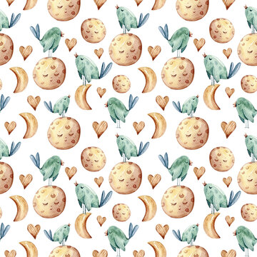 Watercolor birds and moon phases seamless childish pattern. Funny kids illustrations for fabric, wrapping, textile design, wallpaper, apparel.