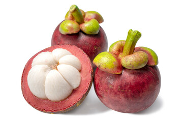 Fresh Organic Mangosteens both in whole and cut half on white background. Mangosteen is the Queen of Fruit of Thailand. Clipping path	
