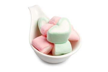 A Pile of colorful Marshmallow in heart shape, Pastel colored sweet chewy candies, serving on white spoon isolated on white background. Clipping path.	
