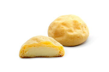 Eclair isolated on white background. Eclair is filled of custard cream.	
