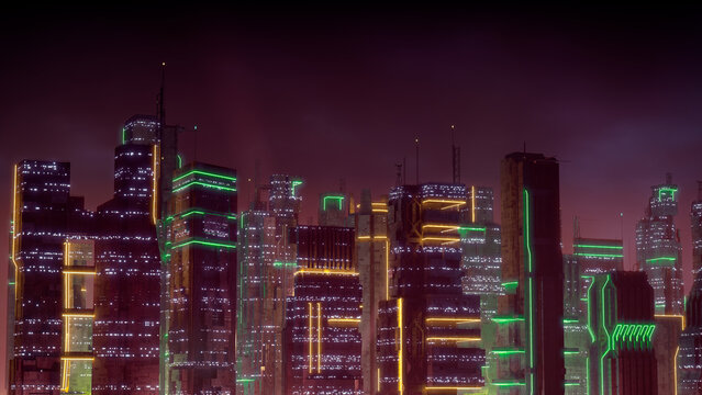 Futuristic Cityscape with Orange and Green Neon lights. Night scene with Advanced Superstructures.