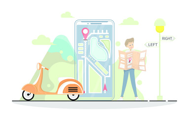 Vector creative young man design, Young man holding paper map with navigation smartphone, Scooter drive travel concept.