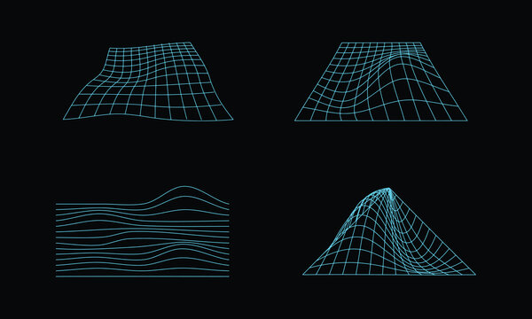 Abstract wireframe 80s style. Retro futuristic grid illustration. Technology design graphic element. Pack of cyberpunk design style in vector.
