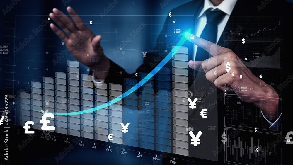 Poster double exposure image of business and finance conceptual - businessman with report chart up forward 
