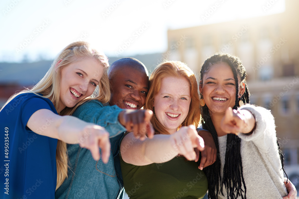 Poster we want you to be a part of our team. portrait of a group of people pointing their fingers forward.