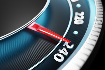 Naklejka premium 3D illustration close up black car panel, digital bright speedometer in sport style under white neon light. The speedometer needle shows a maximum speed of 240 km h