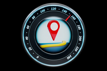 3D illustration close up black car panel, digital bright speedometer in sport style with red...