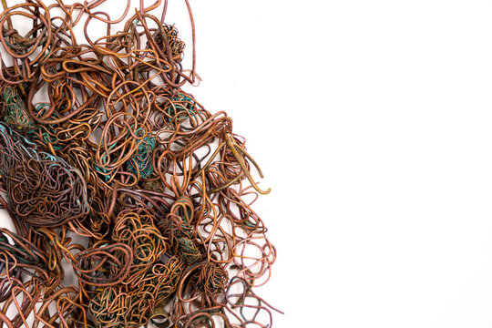 Burned copper wire isolated on white background.