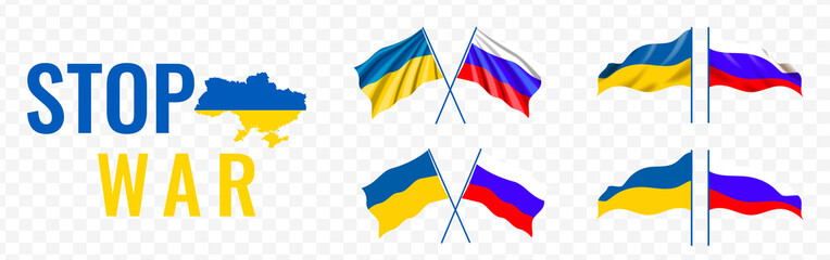 Ukraine Russia flag set. Ukraina Russia friendship on a transparent background. Waving Glorious Ukraine Flag. National symbol. Square, round and heart shape. Stock vector. - obrazy, fototapety, plakaty