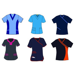 A collection of scrubs uniforms for nurses and doctors - obrazy, fototapety, plakaty