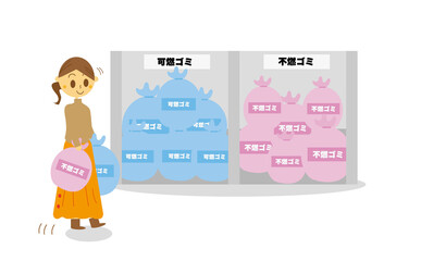 分別したゴミ袋を持ってゴミ捨てに行く女性のイラスト・ゴミ置き場・ゴミステーション