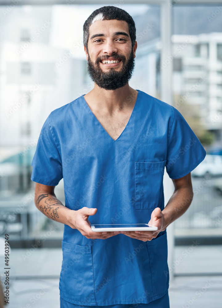 Poster improving clinical workflow with smart tech. portrait of a medical practitioner using a digital tabl